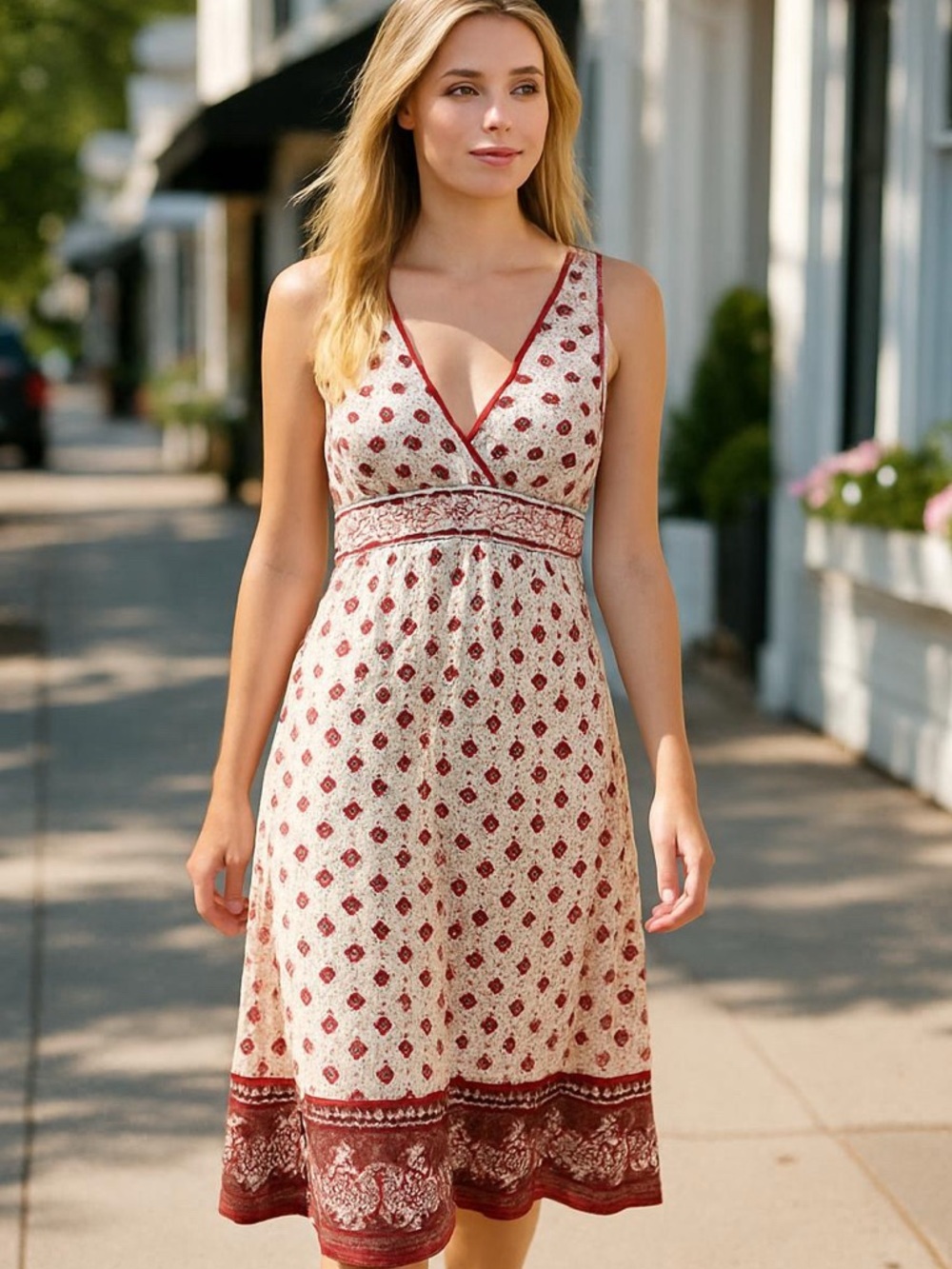 Tory Burch Millicent Silk Midi Dress Red Cream Floral Size Medium